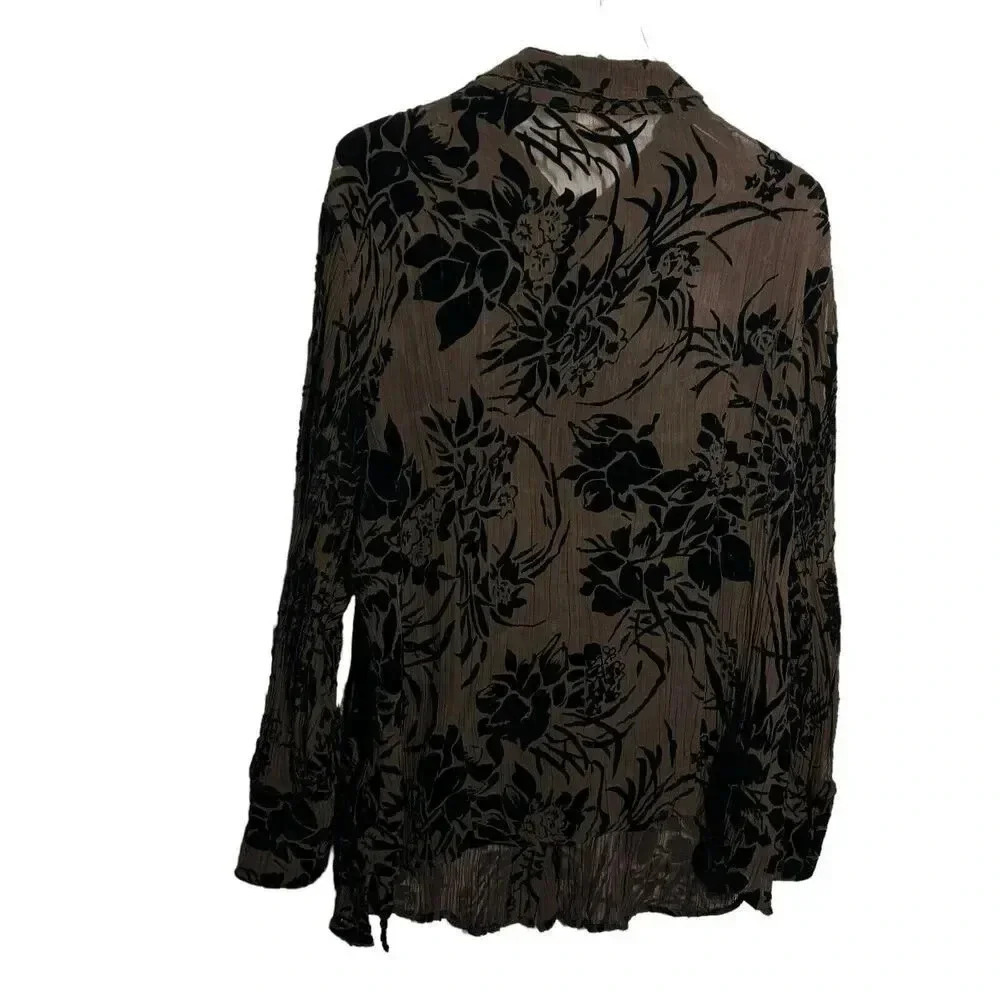 VIkki Vi Size 1X chocolate Brown velvet burnout blouse button down shirt - Picture 4 of 7